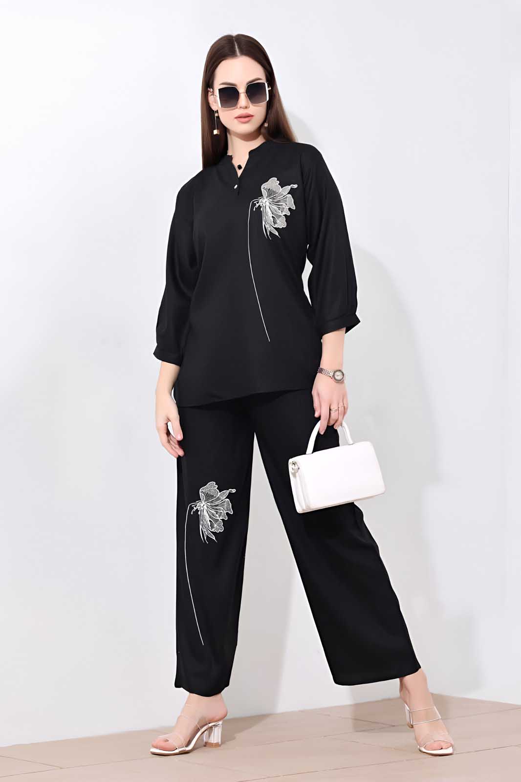 Black Embroidered Twill Co-ord Set
