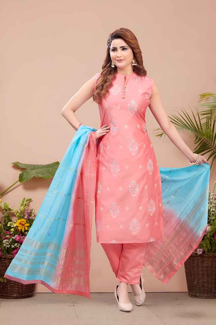 Peach Suit Set with Sky Blue Dual-Tone Dupatta