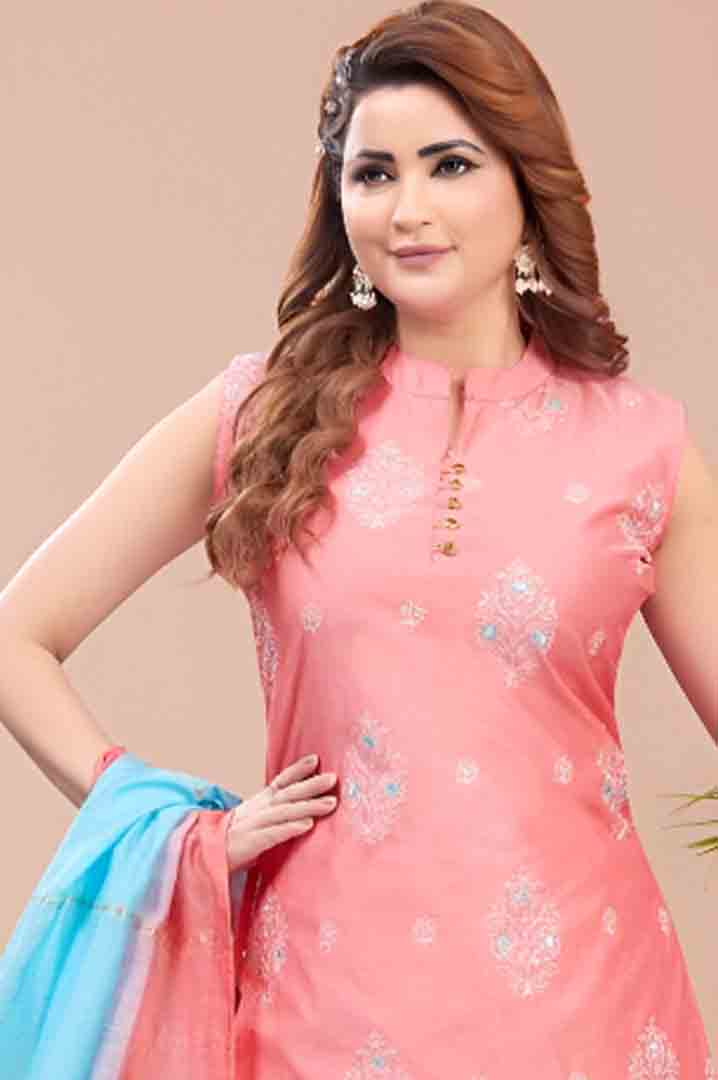 Peach Suit Set with Sky Blue Dual-Tone Dupatta