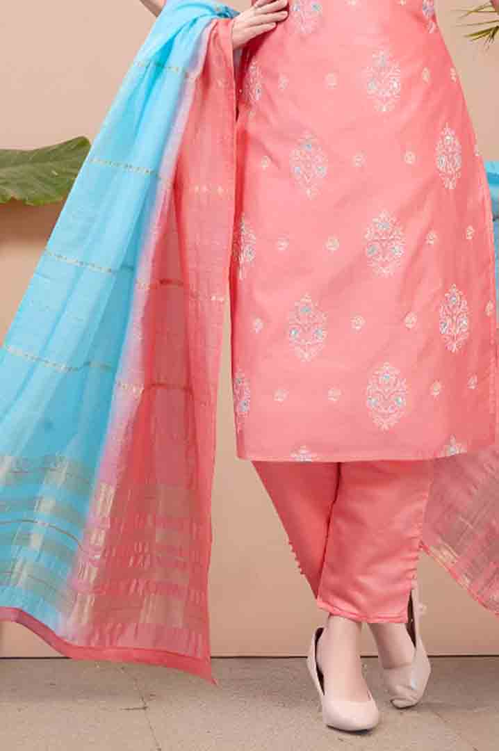 Peach Suit Set with Sky Blue Dual-Tone Dupatta
