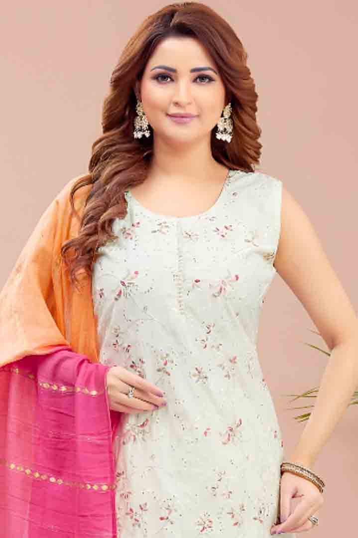 Off-White Floral Suit Set with Pink-Orange Ombre Dupatta