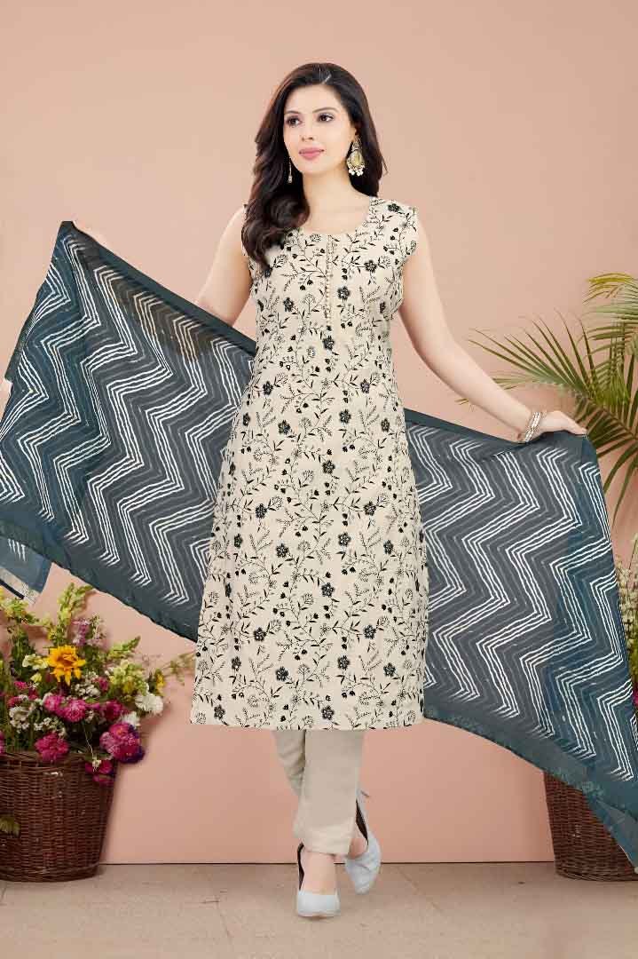 Beige & Black Floral Printed Suit Set with Chevron Dupatta