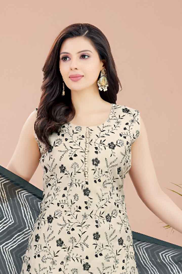 Beige & Black Floral Printed Suit Set with Chevron Dupatta