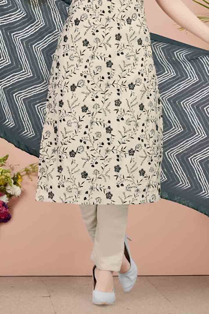 Beige & Black Floral Printed Suit Set with Chevron Dupatta