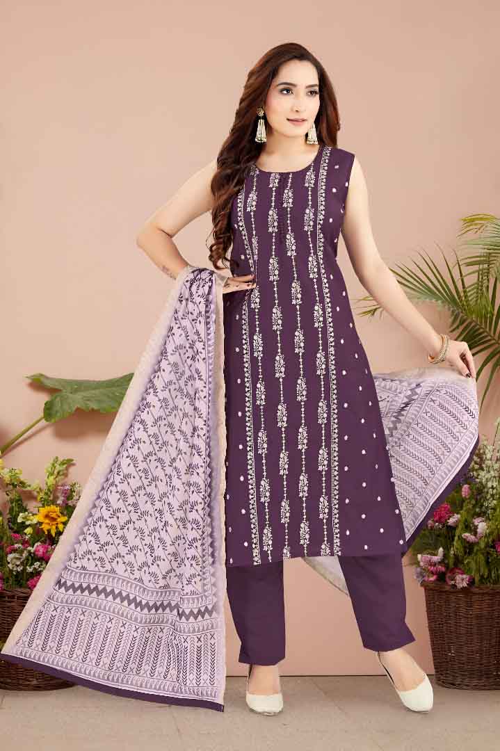 Purple Printed Suit Set with Lavender Cotton Dupatta