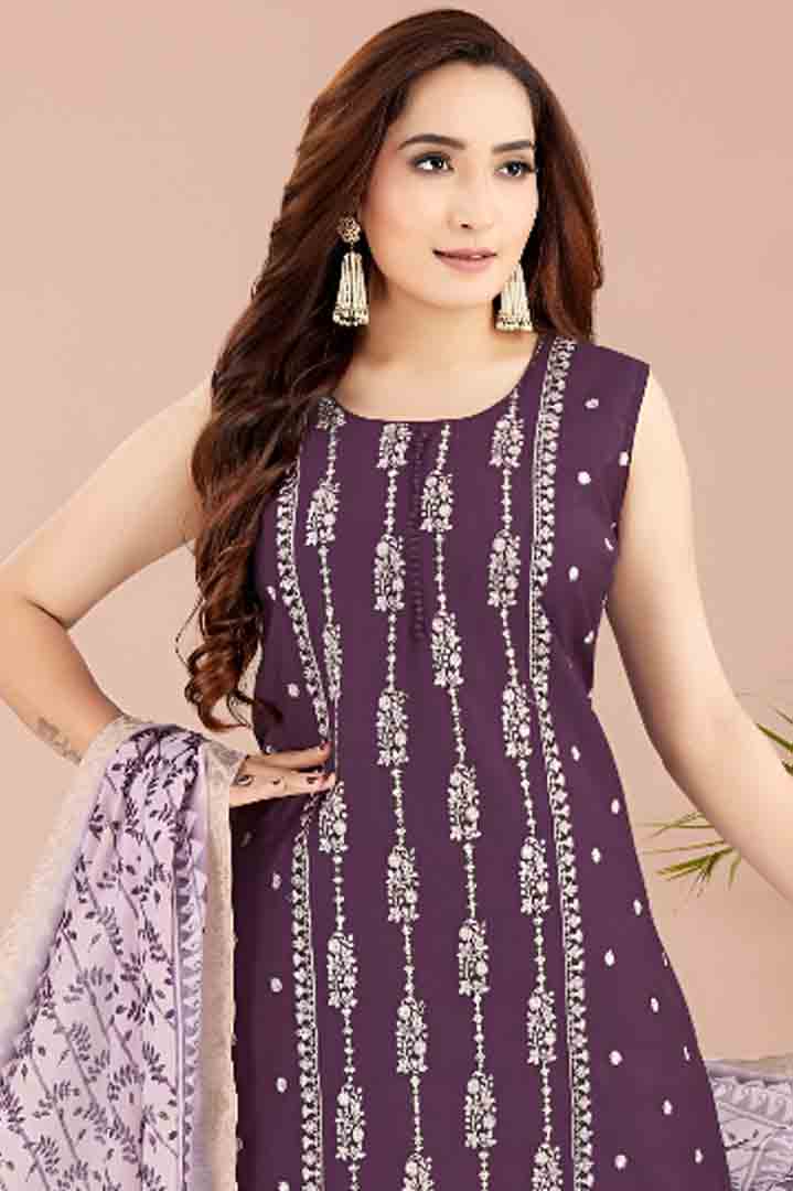 Purple Printed Suit Set with Lavender Cotton Dupatta