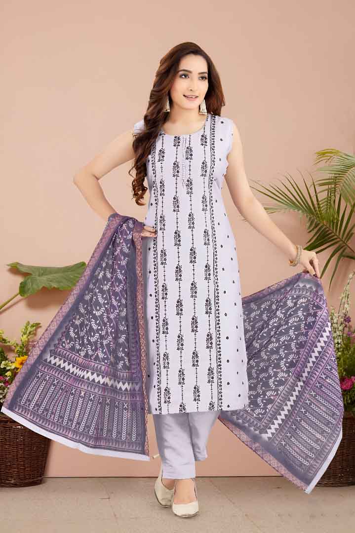 White & Lavender Printed Cotton Suit Set with Dupatta