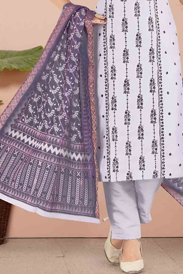 White & Lavender Printed Cotton Suit Set with Dupatta