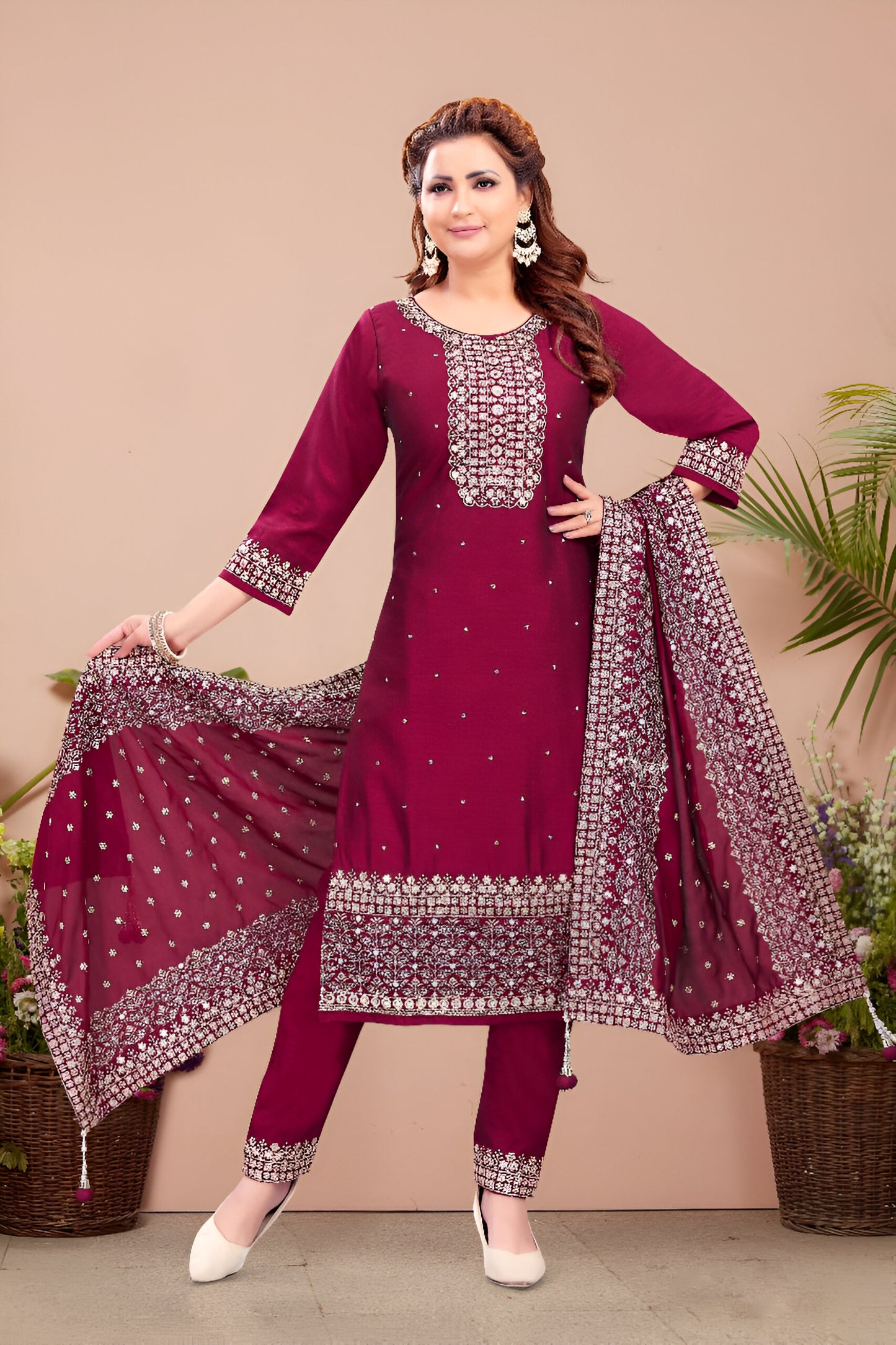 Maroon Color Embroidered Salwar Suit
