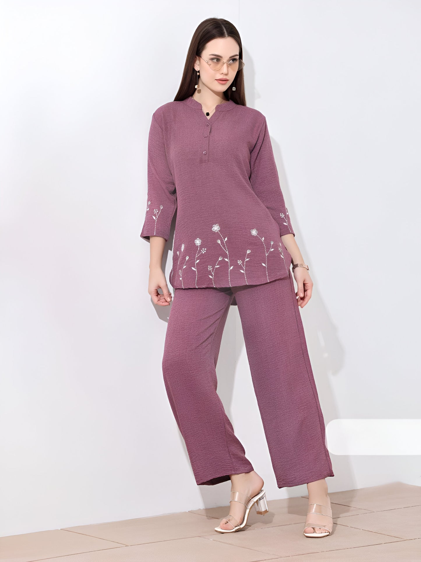 Mauve Simple Embroidered Linen Co-ord Set