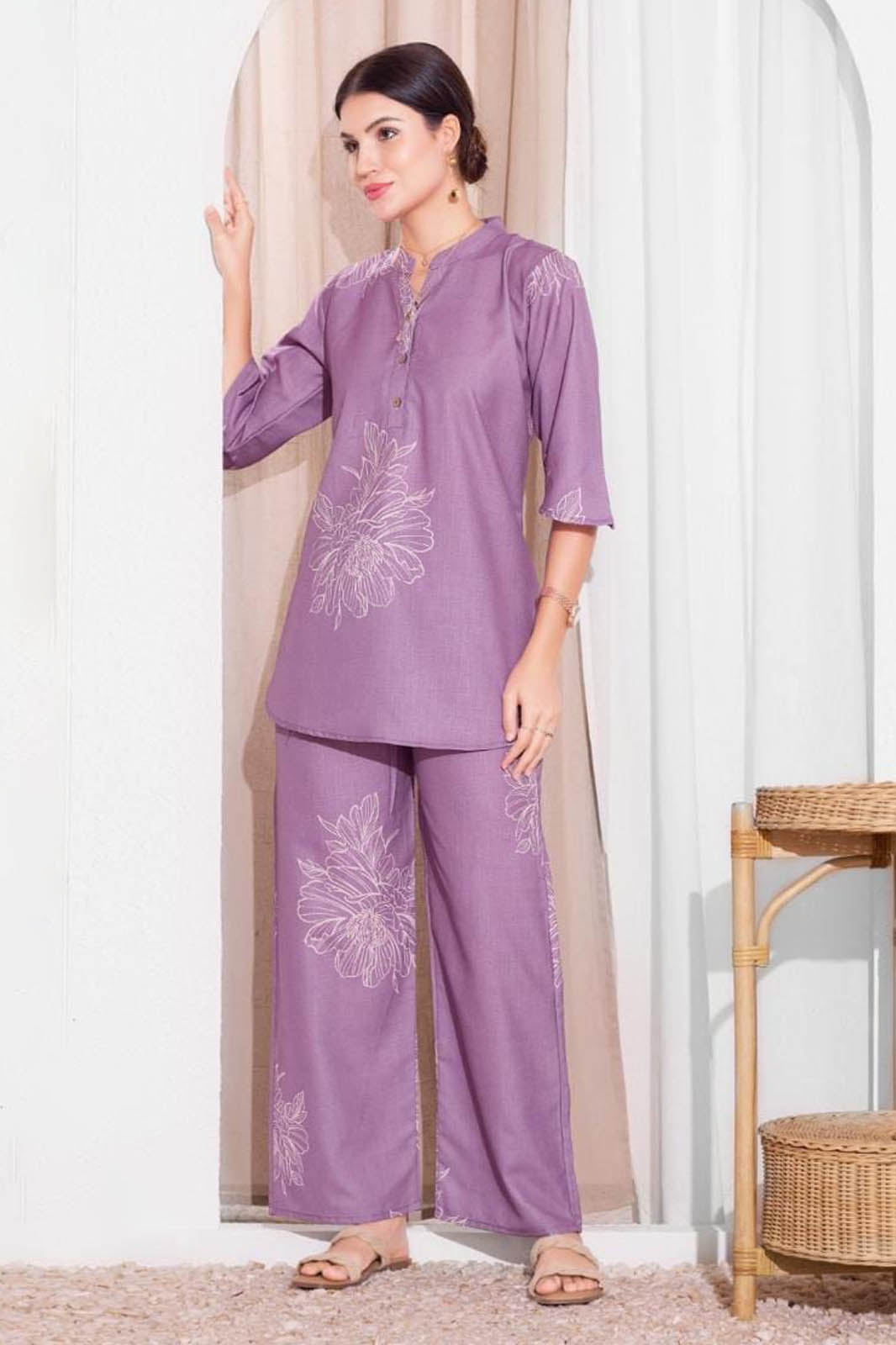 Lavender Floral Printed Co-ord Set in Soft Linen