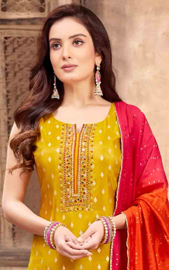 Yellow Straight Kurta Set with Red Banarasi Dupatta