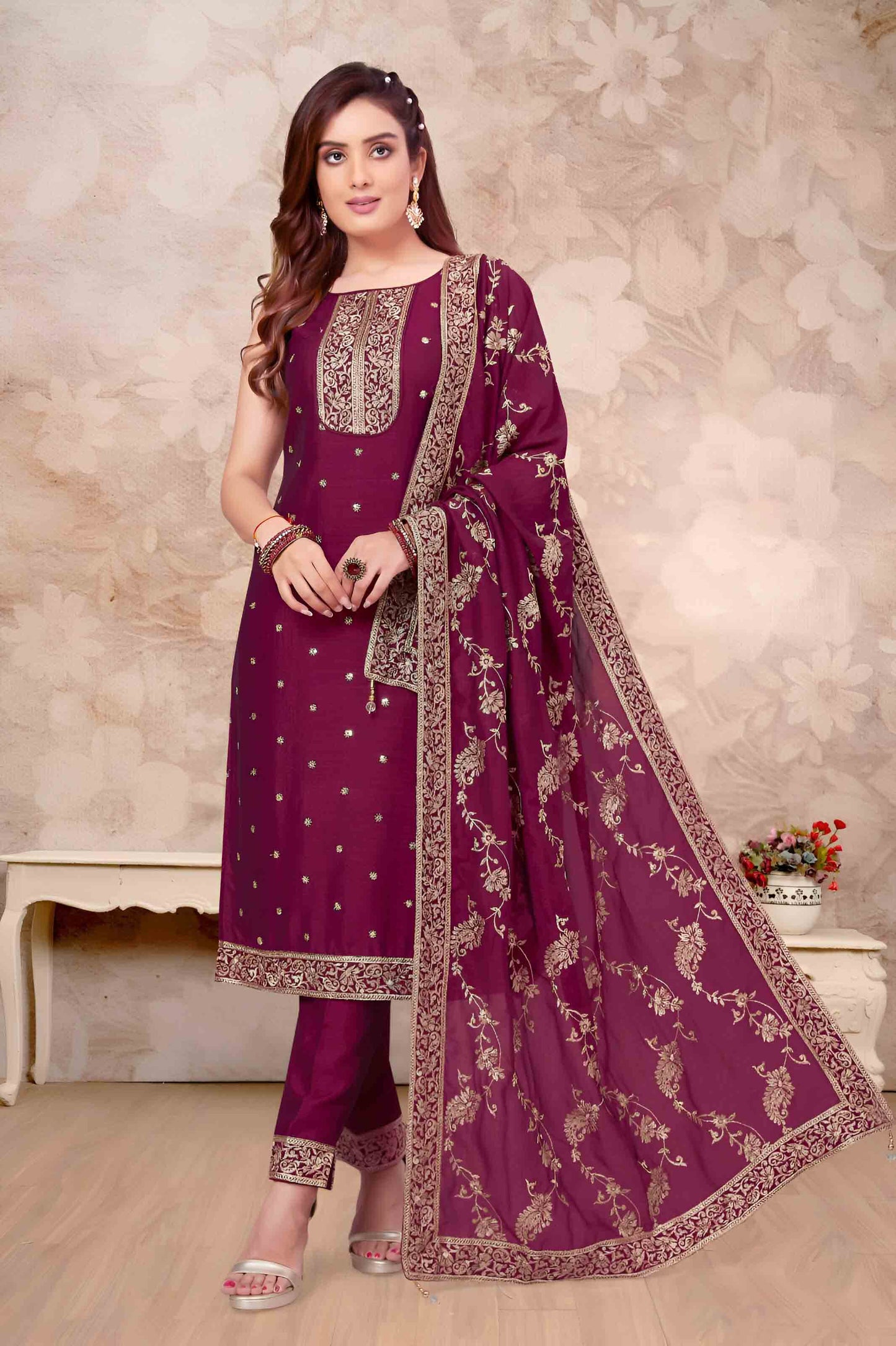 Maroon Suit Set with Intricate Golden Thread Work