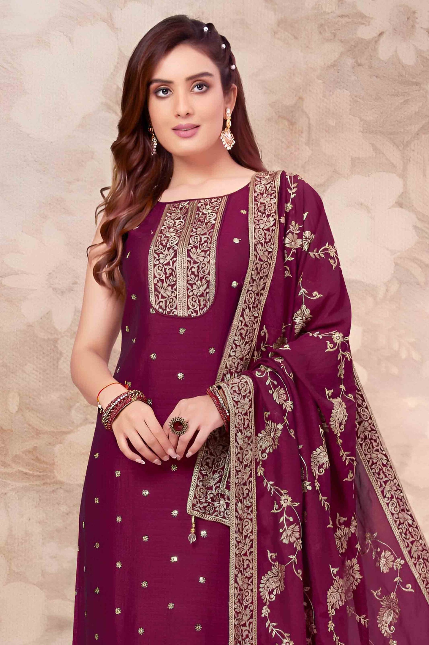 Maroon Suit Set with Intricate Golden Thread Work