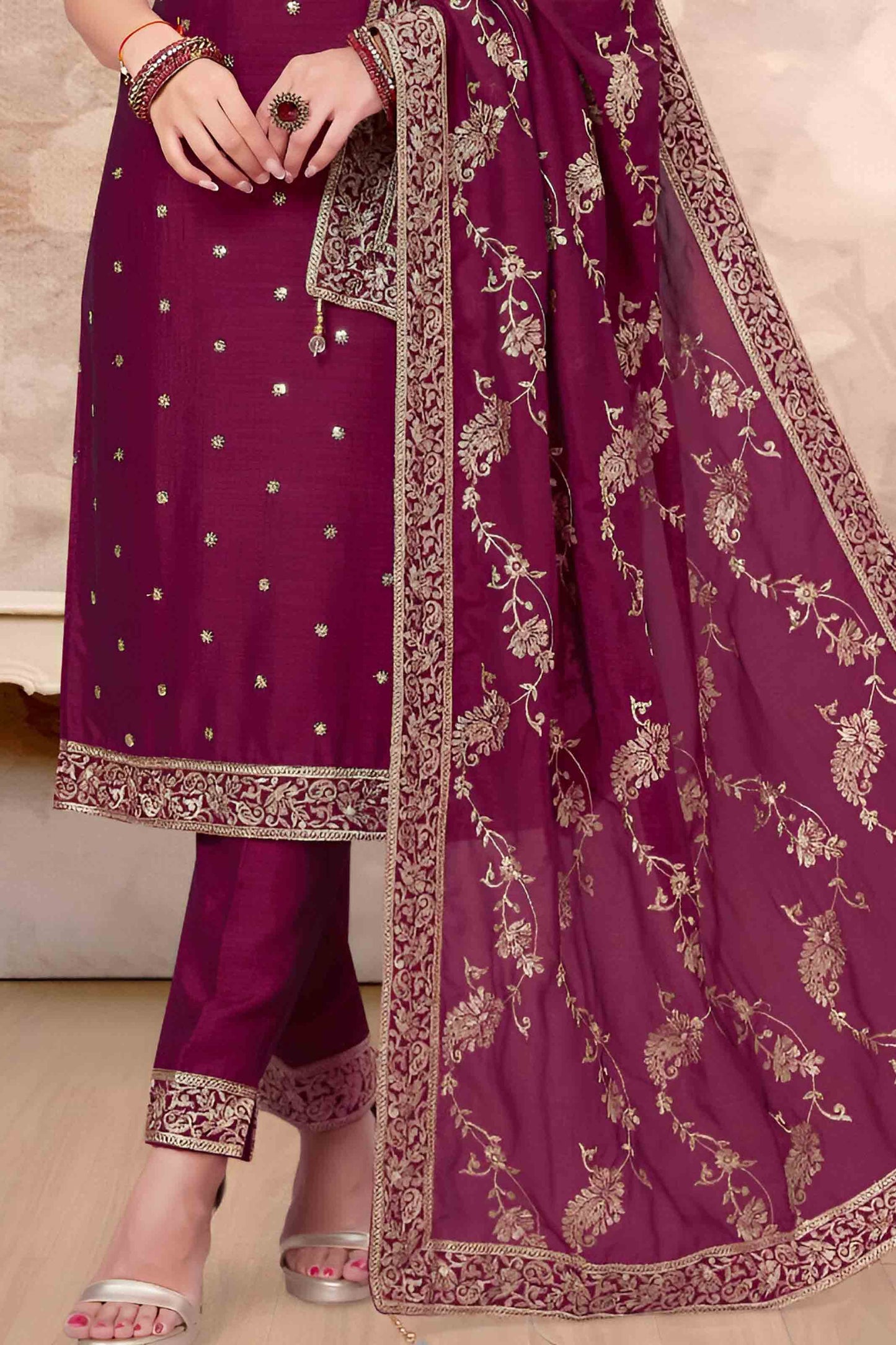 Maroon Suit Set with Intricate Golden Thread Work