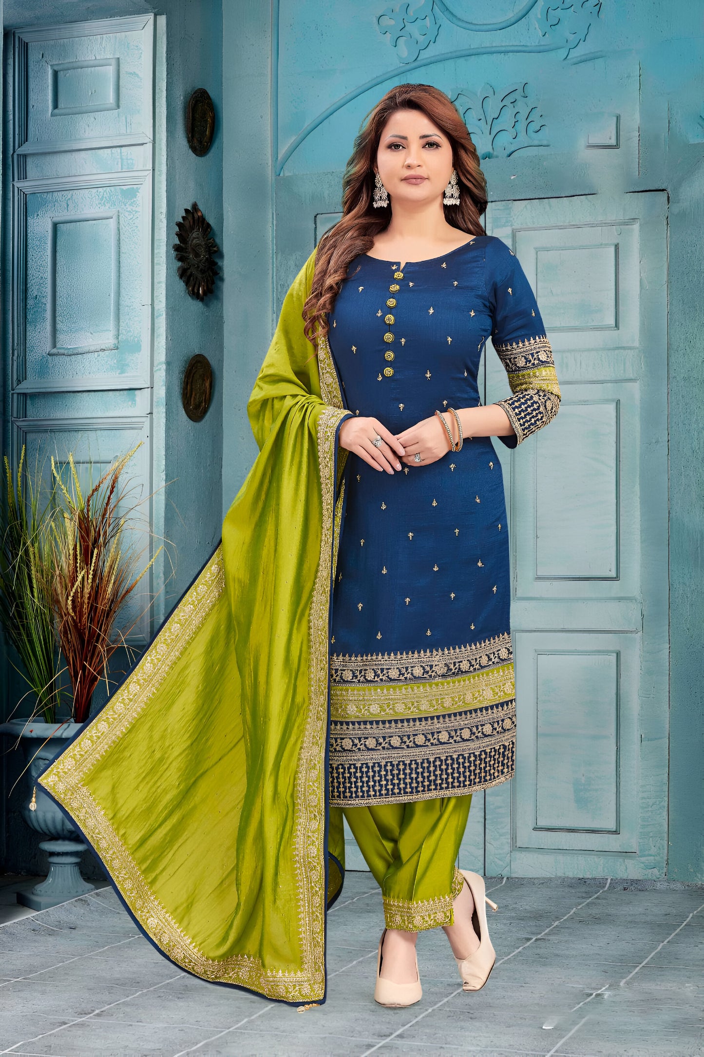 Navy Blue Embroidered Patiala Suit with Green Dupatta