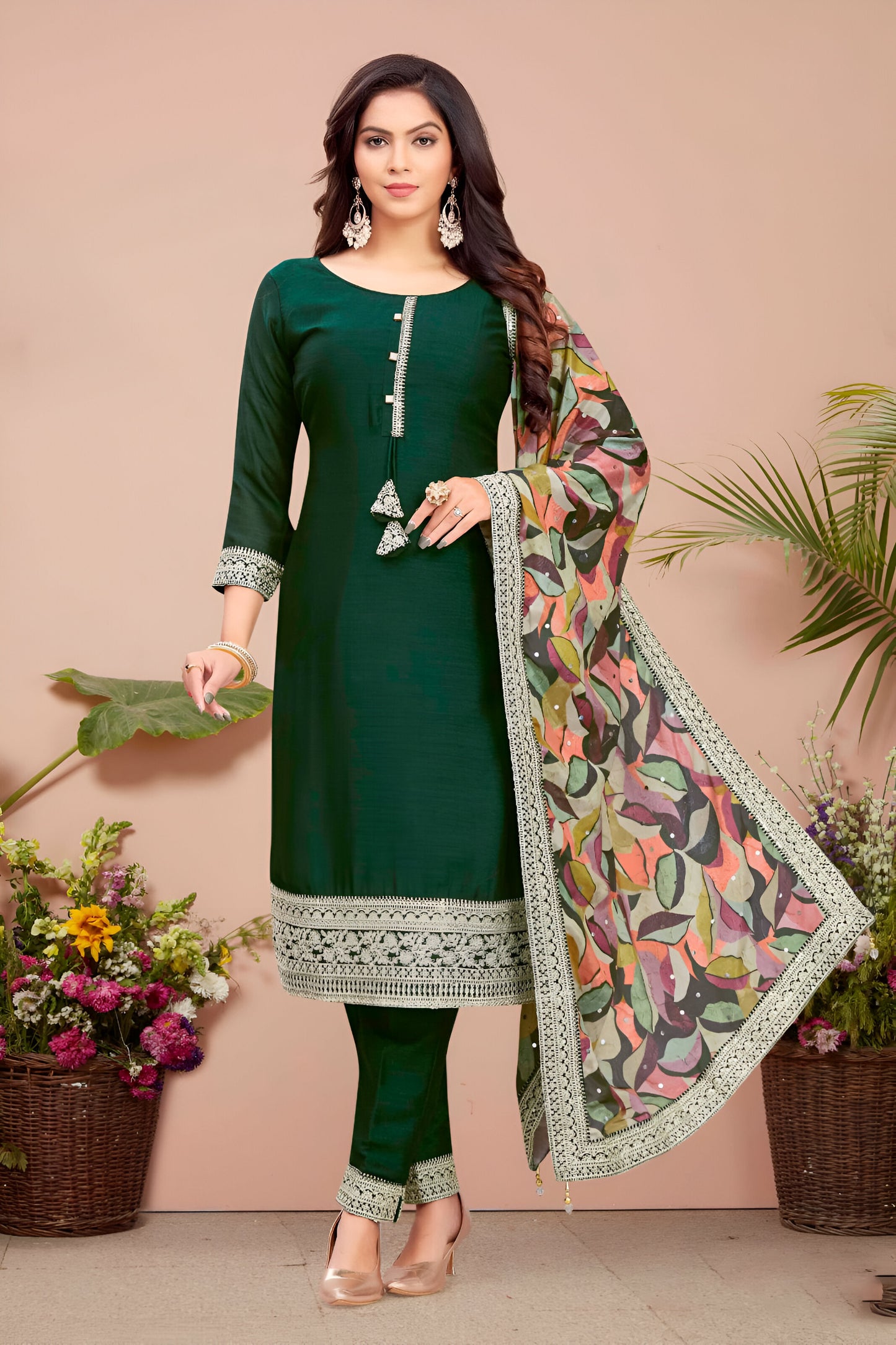 Elegant Green Embroidered Suit with Printed Dupatta