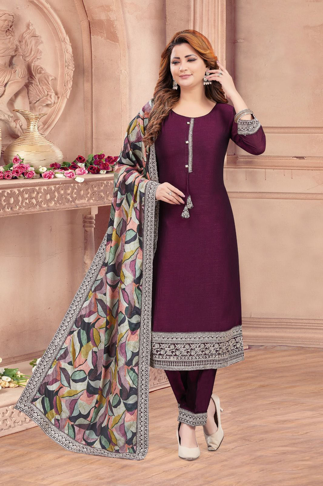 Elegant Purple Salwar Suit with Printed Dupatta