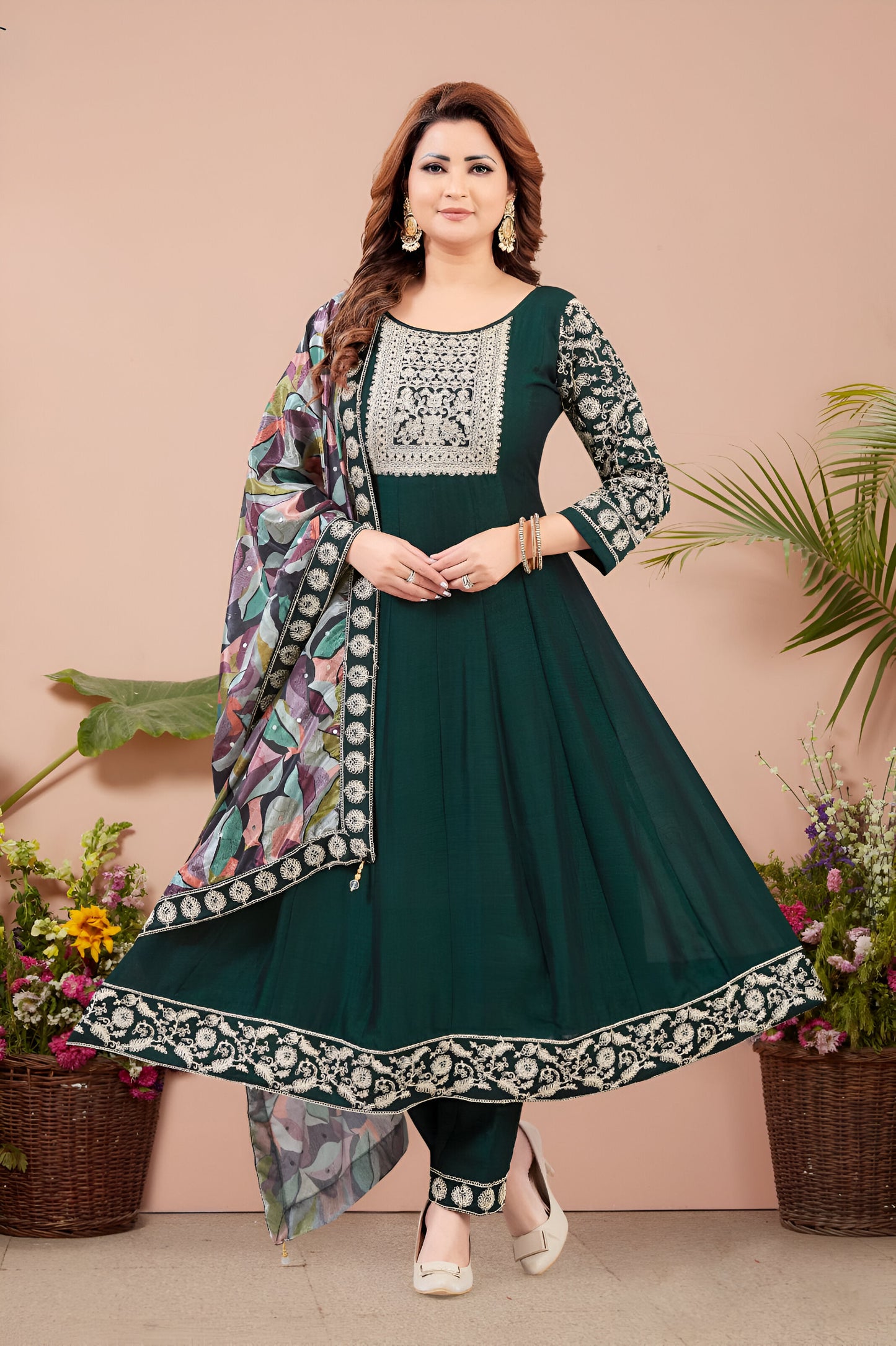 Dark Green Embroidered Anarkali Suit with Printed Dupatta