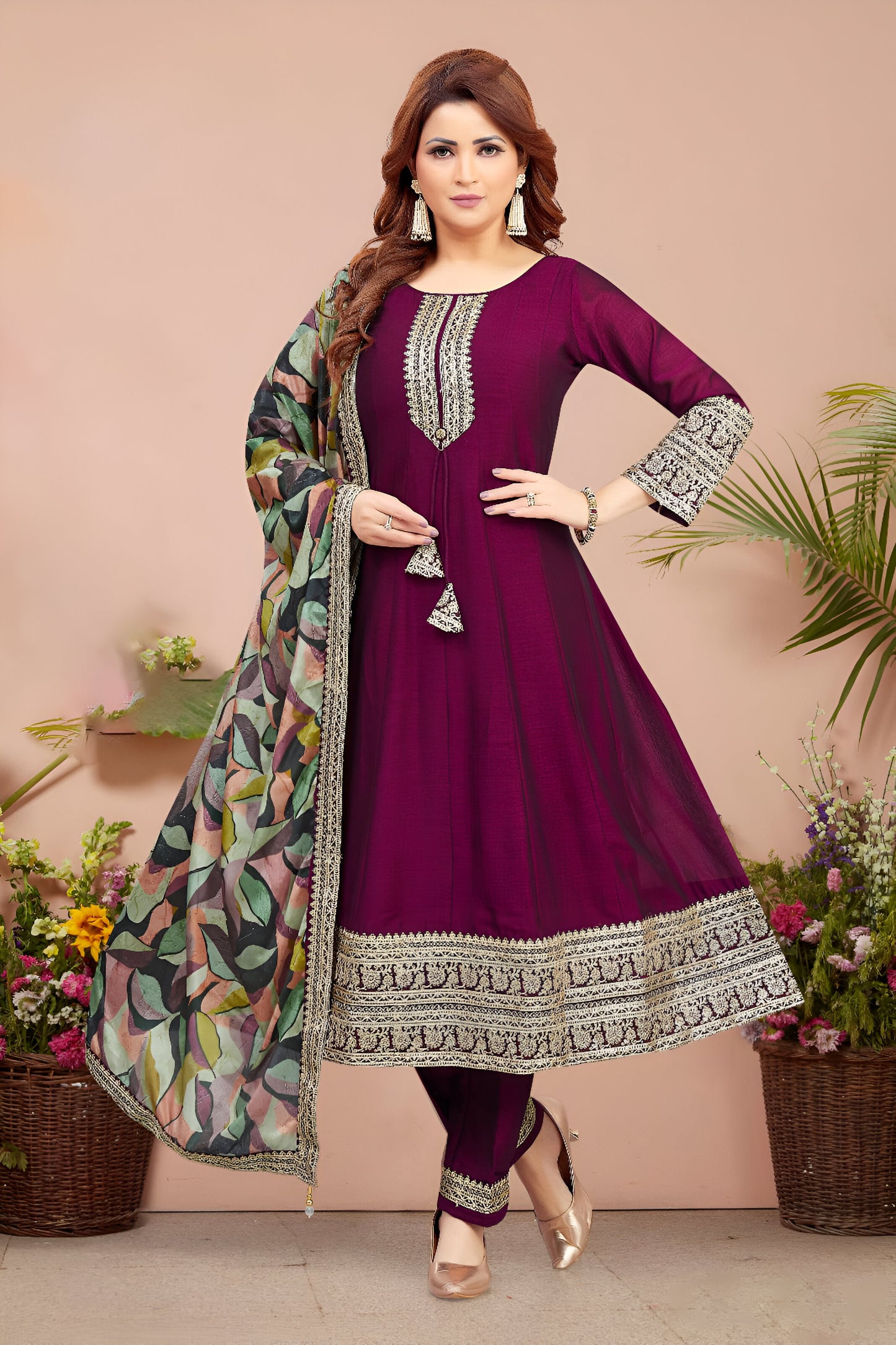 Maroon Embroidered Anarkali Suit with Printed Dupatta