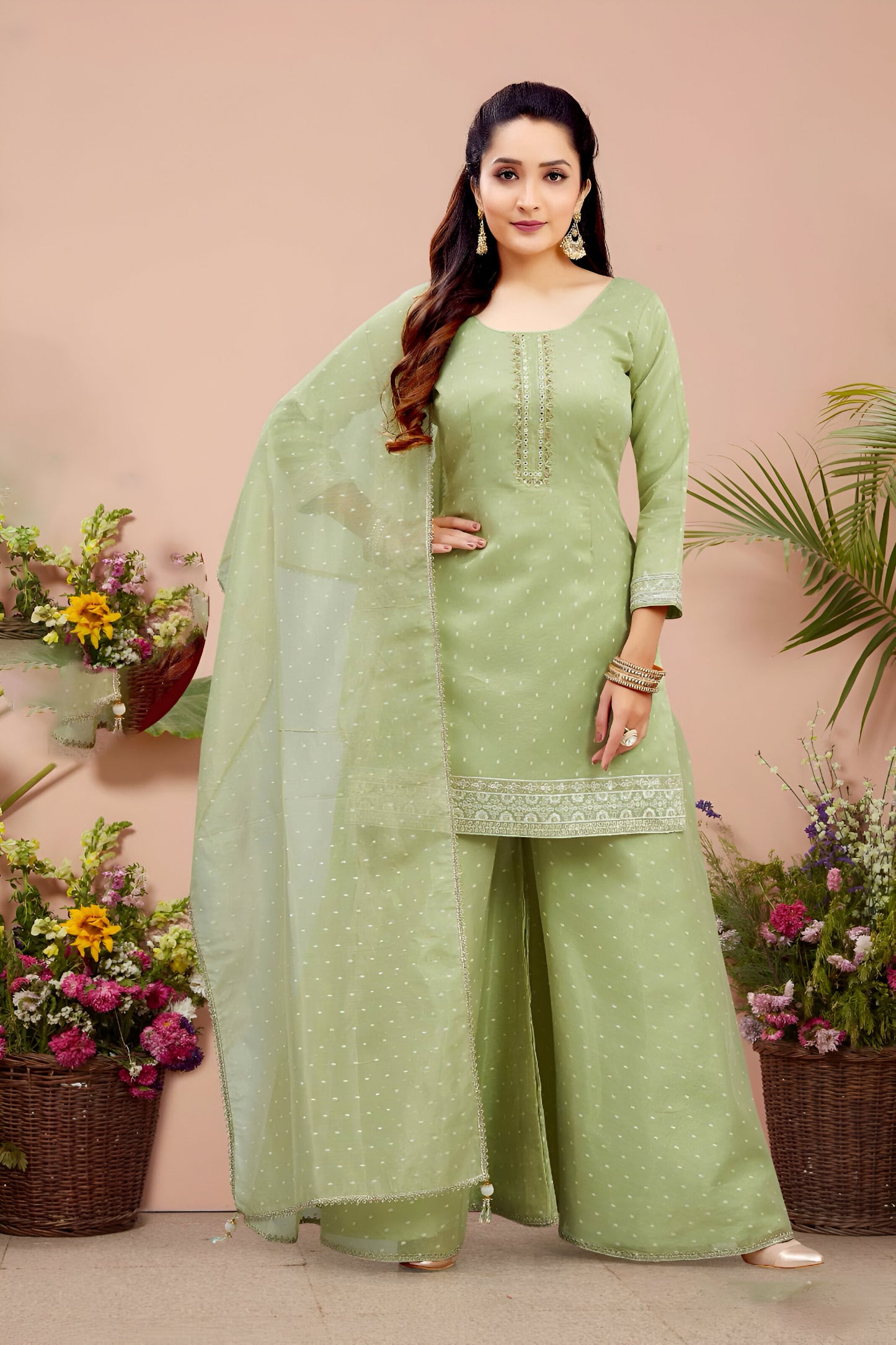 Light Green Embroidered Palazzo Suit.