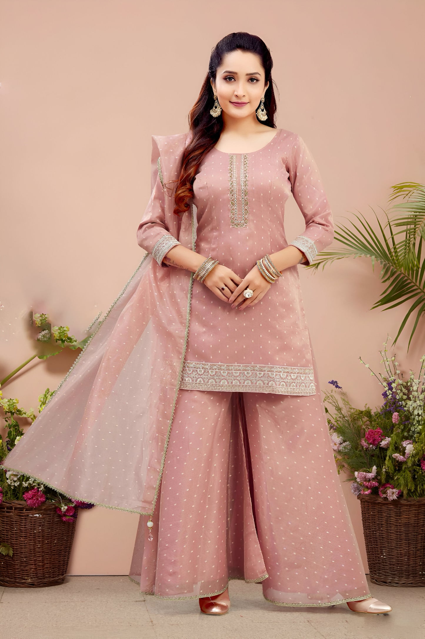 Rose Pink Color Embroidered Palazzo Suit.