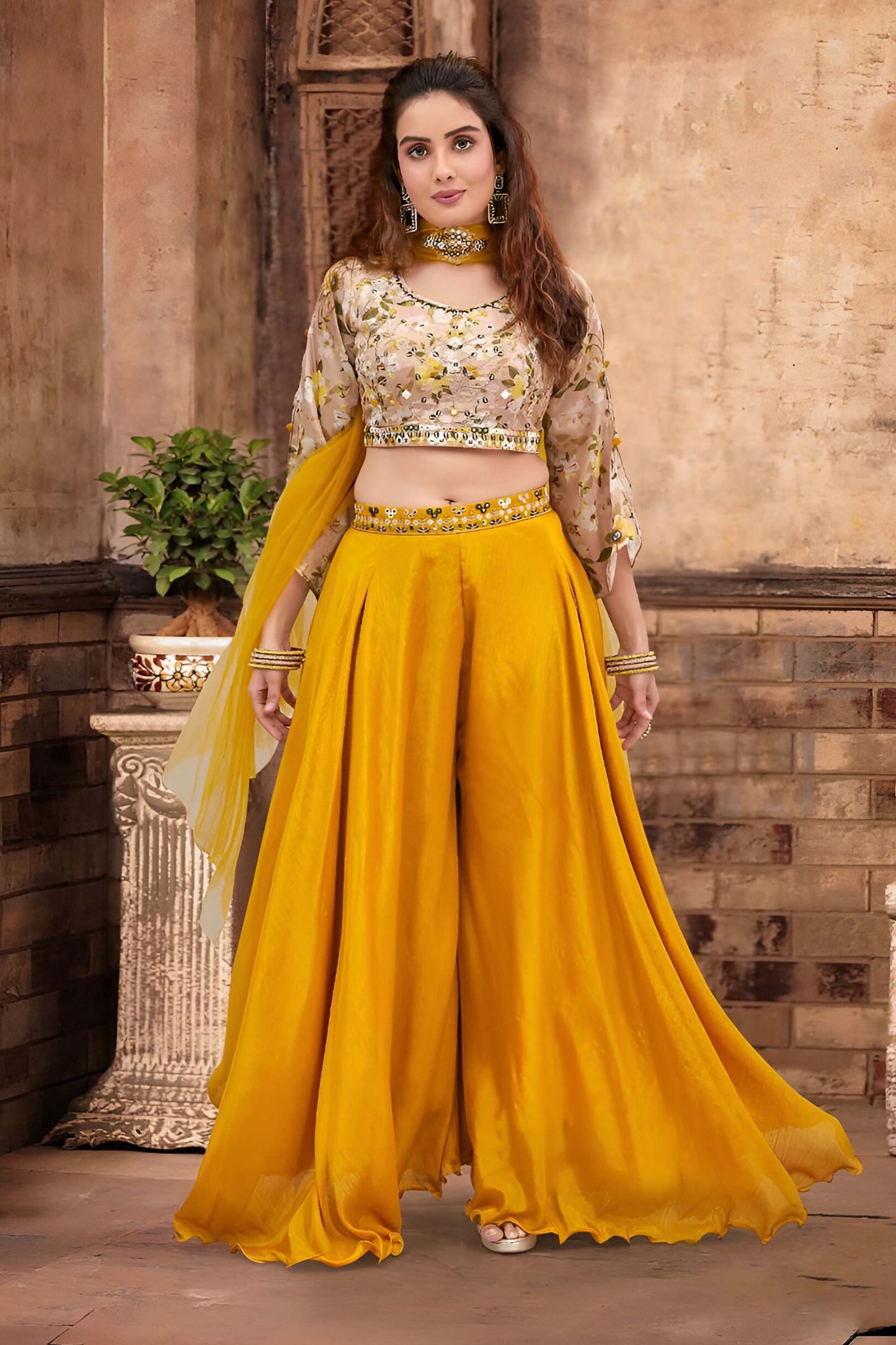 Yellow Floral Embroidered Crop Top with Russian Palazzo Set