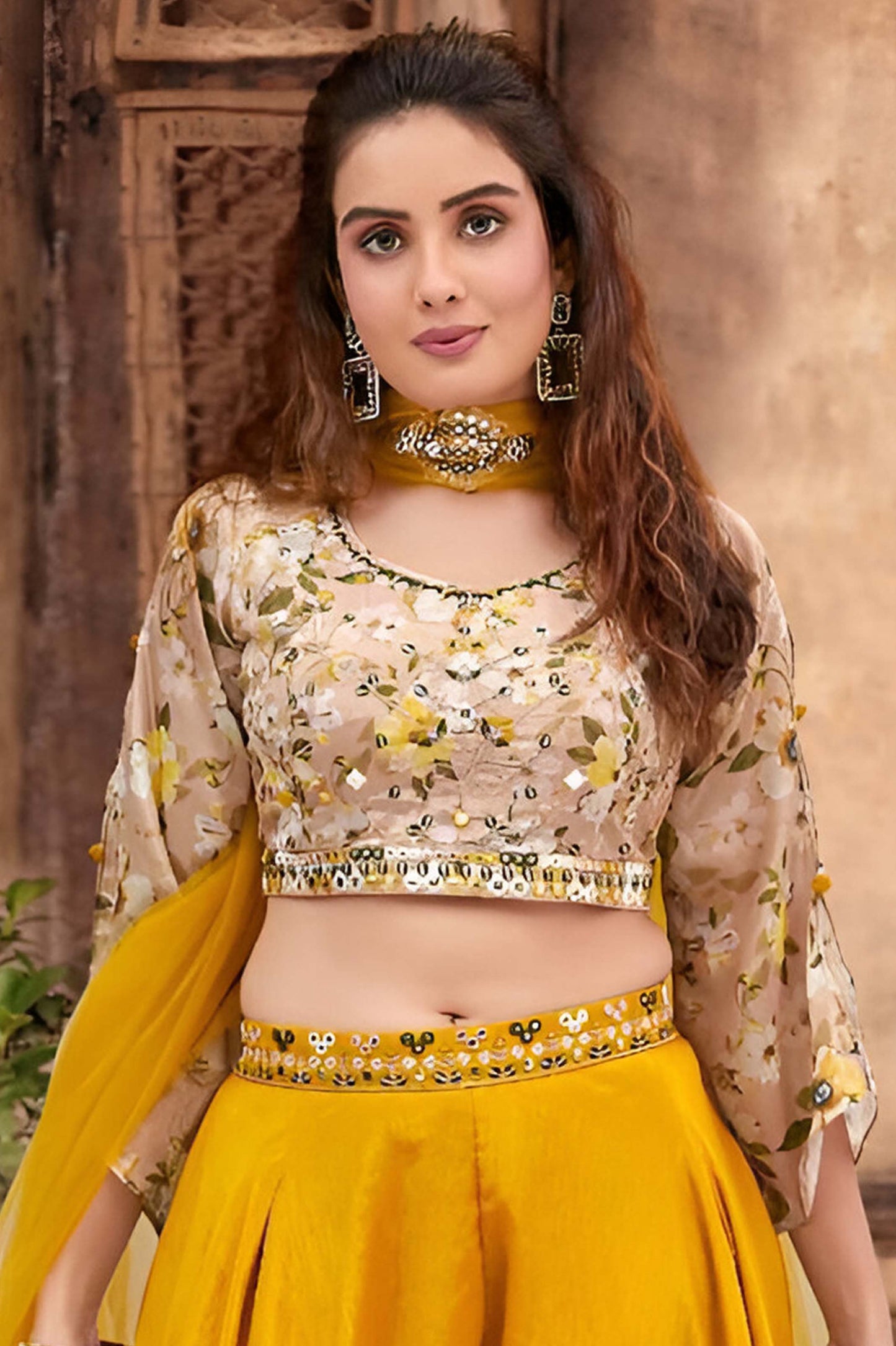 Yellow Floral Embroidered Crop Top with Russian Palazzo Set