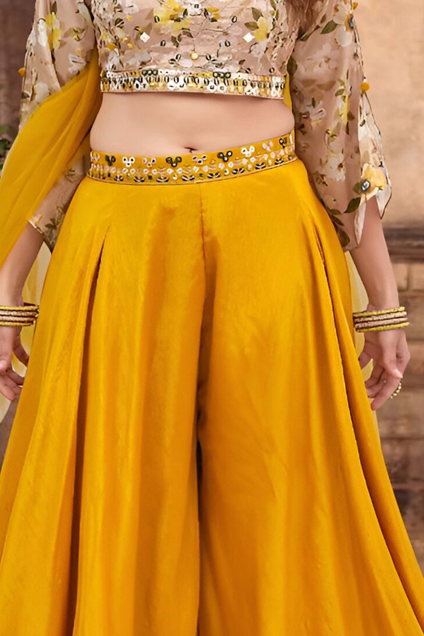 Yellow Floral Embroidered Crop Top with Russian Palazzo Set