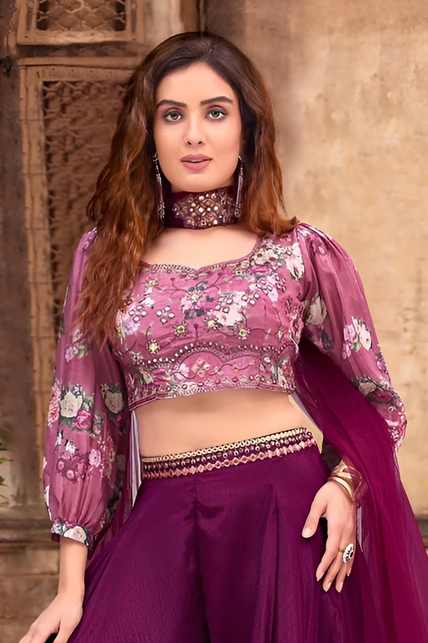 Plum Floral Embroidered Crop Top with Russian Palazzo Set