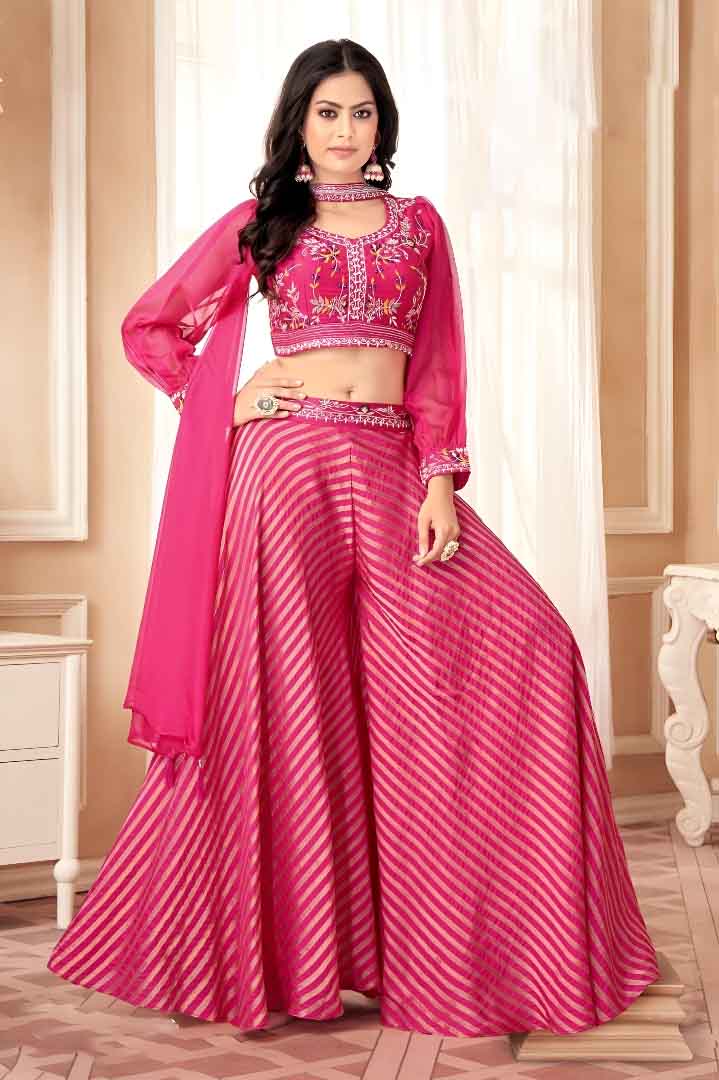 Pink Embroidered Crop Top with Flared Palazzo & Dupatta Set