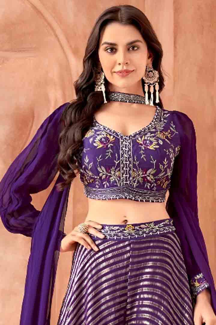 Purple Embroidered Crop Top with Flared Palazzo & Dupatta Set