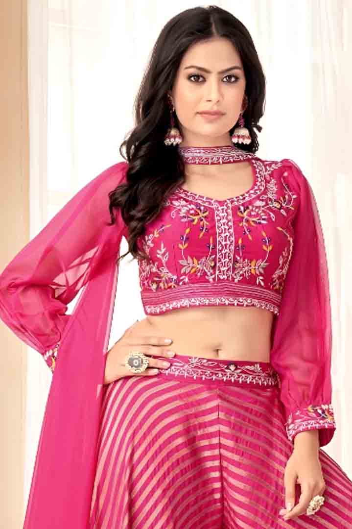 Pink Embroidered Crop Top with Flared Palazzo & Dupatta Set