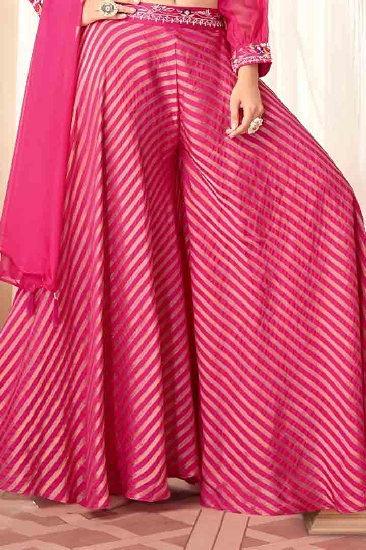 Pink Embroidered Crop Top with Flared Palazzo & Dupatta Set