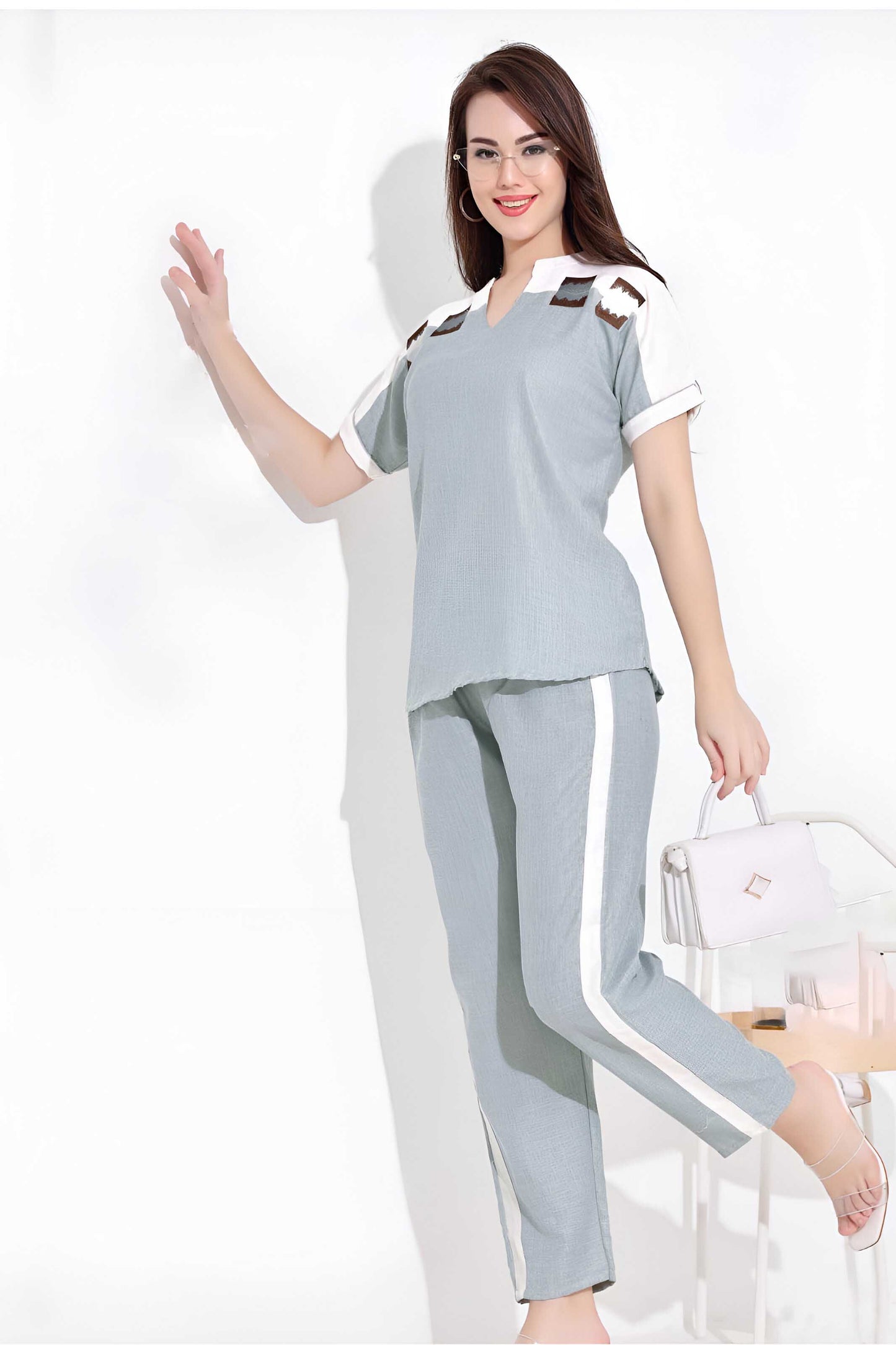 Light Blue Casual Co-ord Set with White Detailing