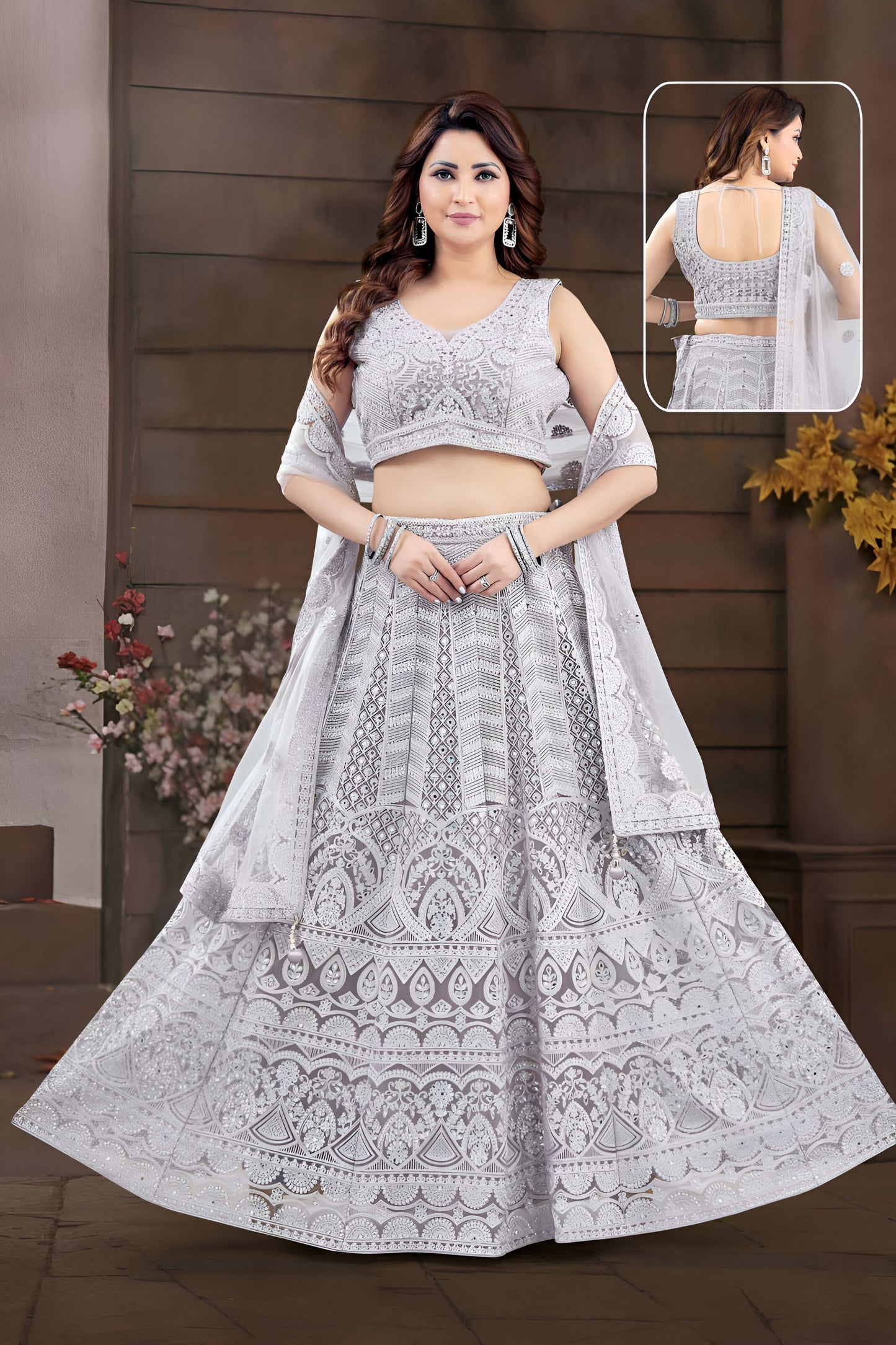 Grey Embroidered Lehenga Choli with Dupatta.