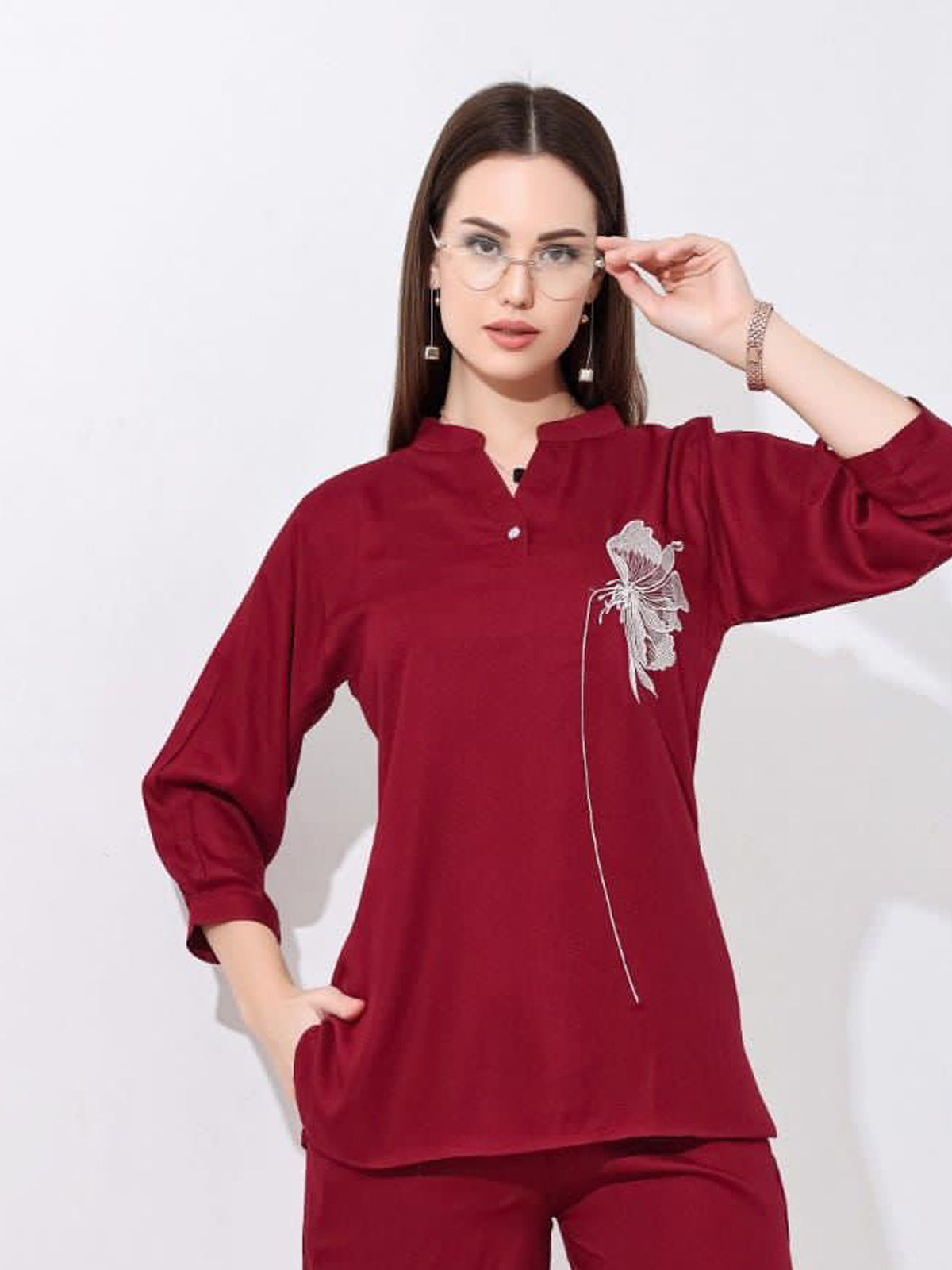 Maroon Embroidered Twill Co-ord Set