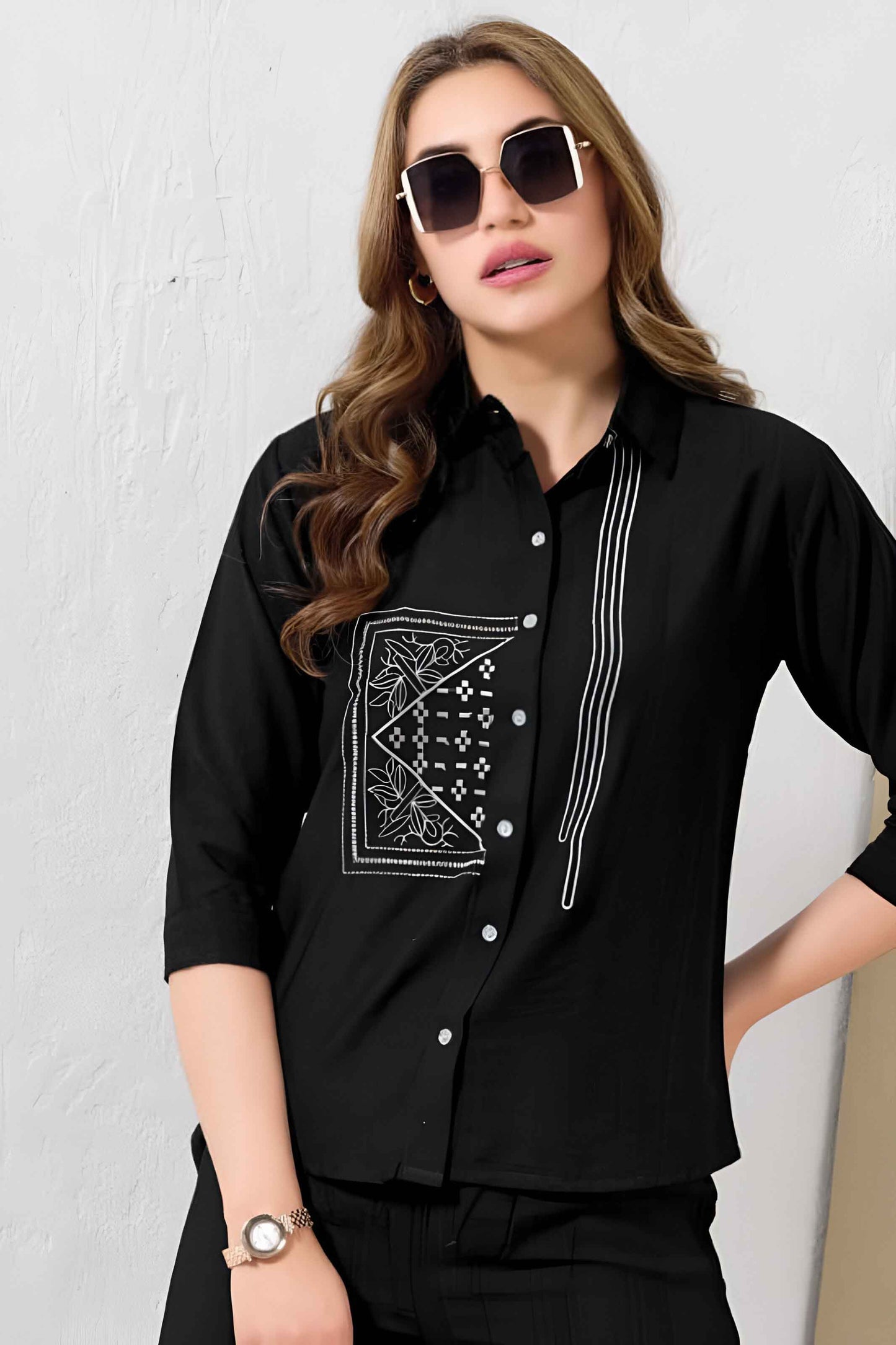 Black Linen Co-ord Set with Minimal Embroidery & Shirt Collar