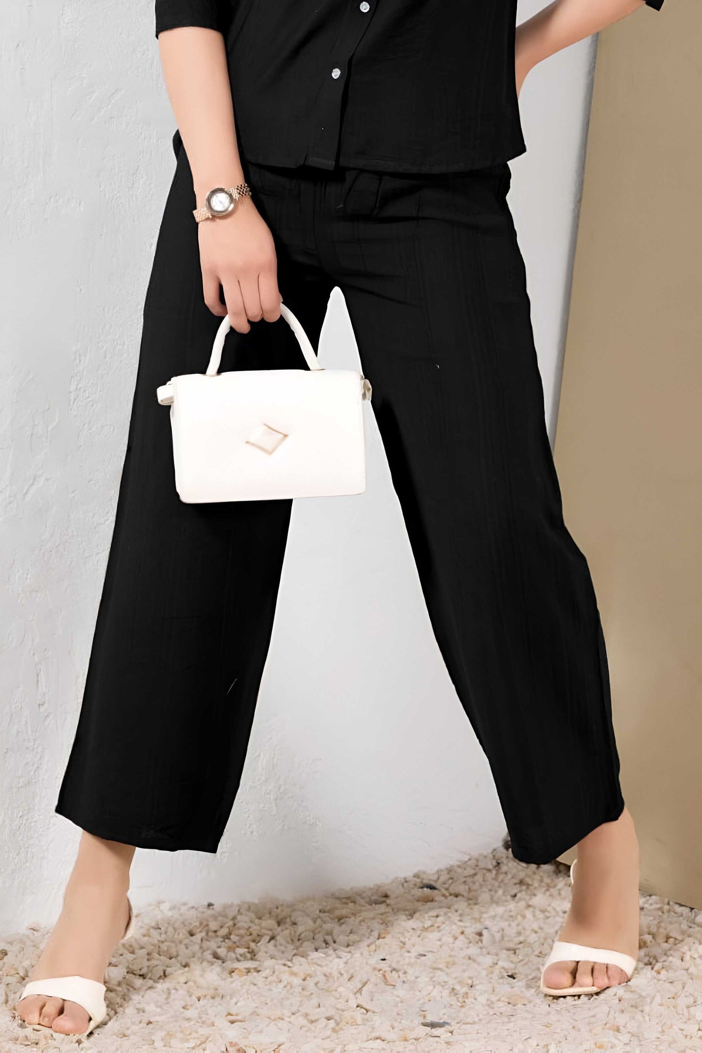 Black Linen Co-ord Set with Minimal Embroidery & Shirt Collar