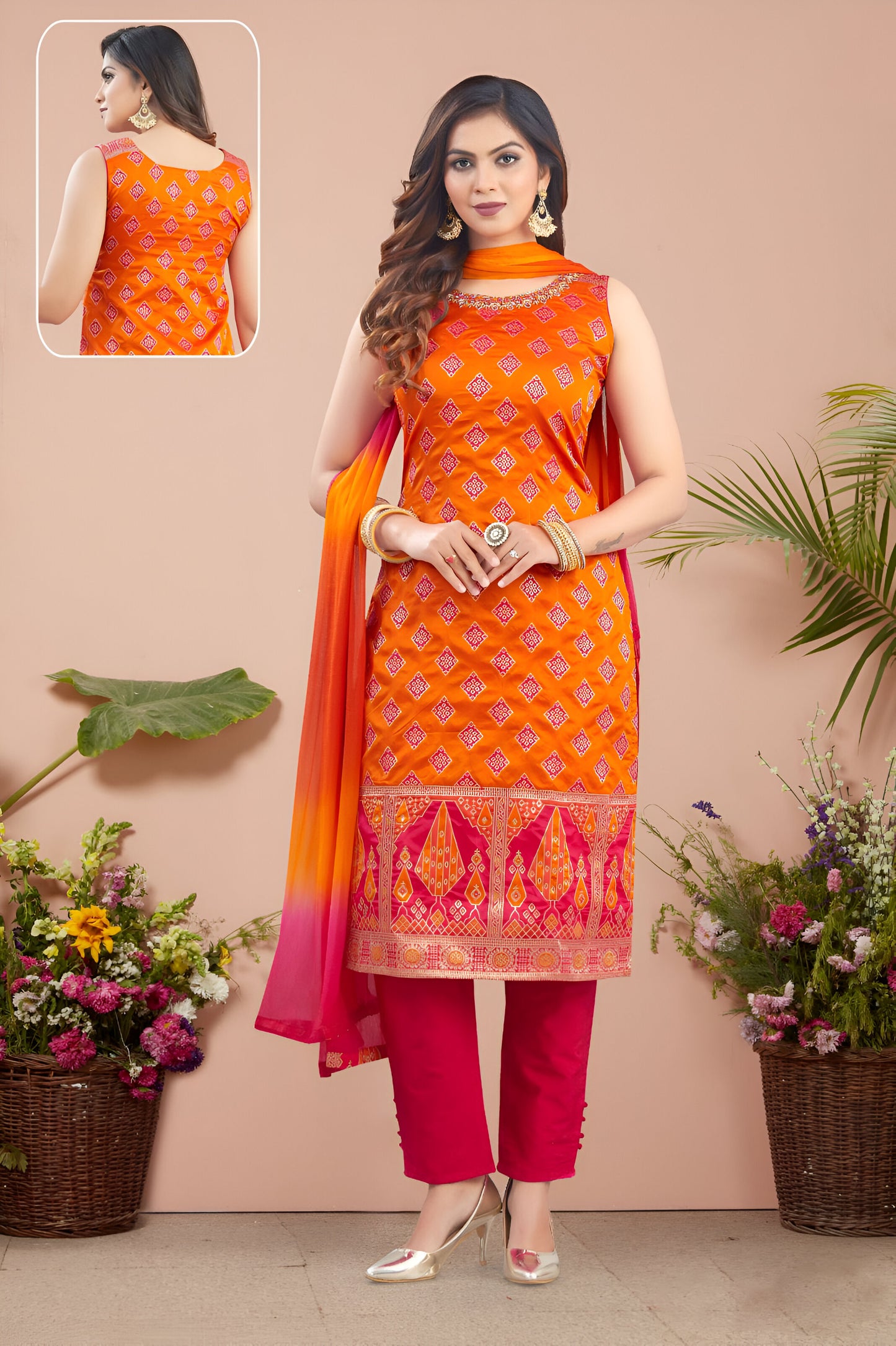Orange Printed Suit with Pink Accents
