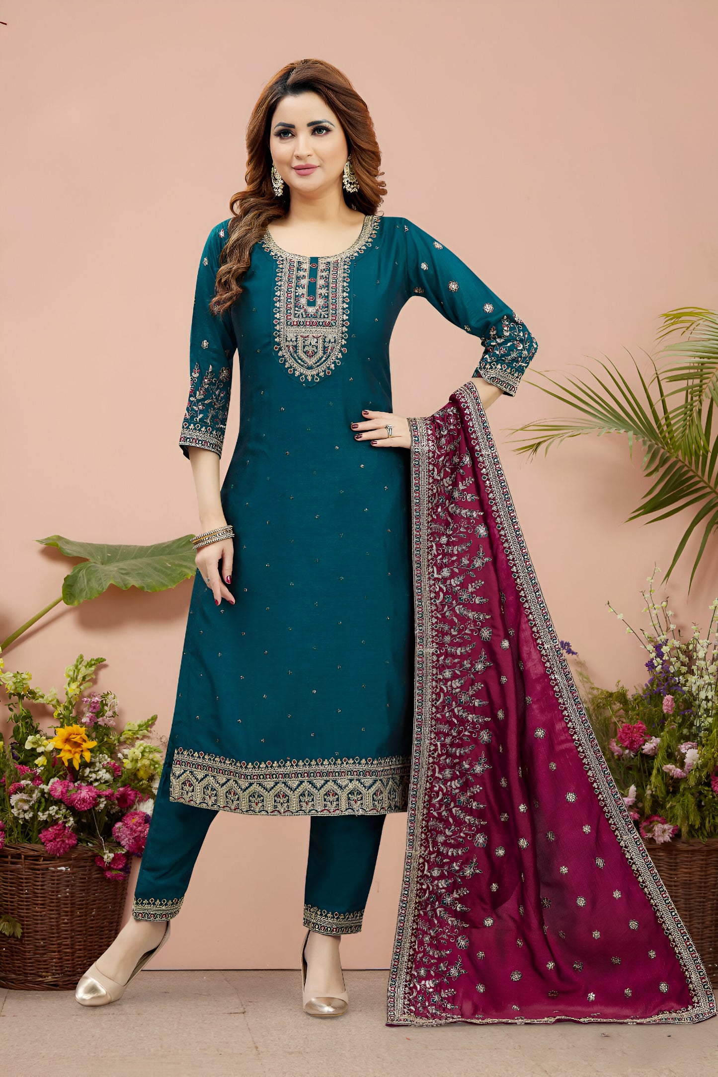 Teal Blue Embroidered Suit with Maroon Dupatta