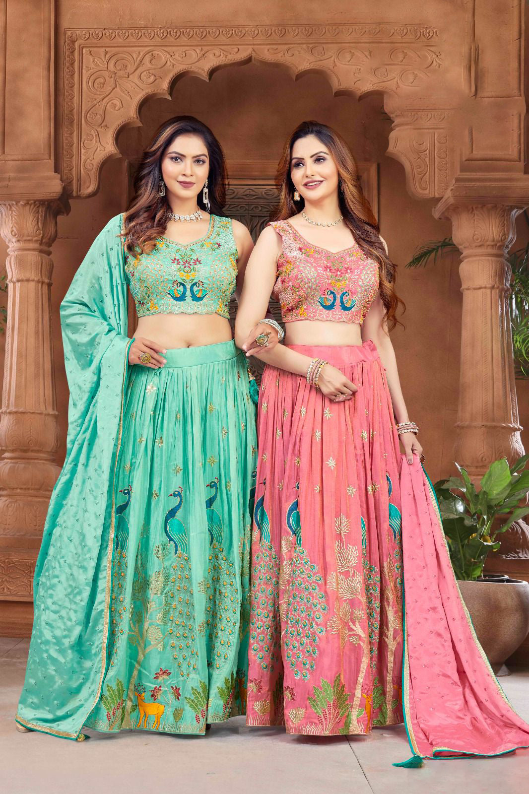 Peacock Embroidered Lehenga Choli Set (2 Color Variants)