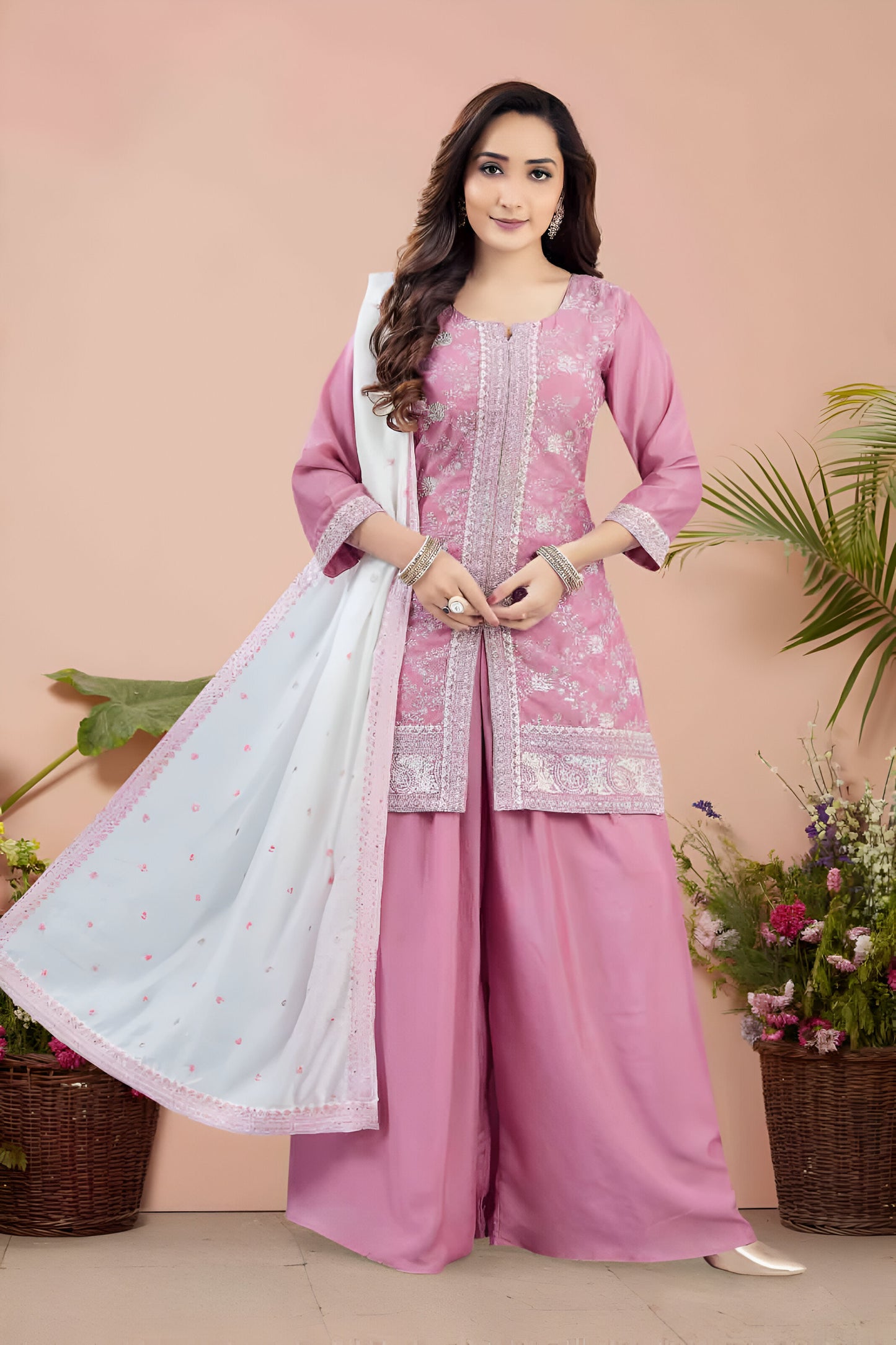 Pink Color Embroidered Palazzo Suit