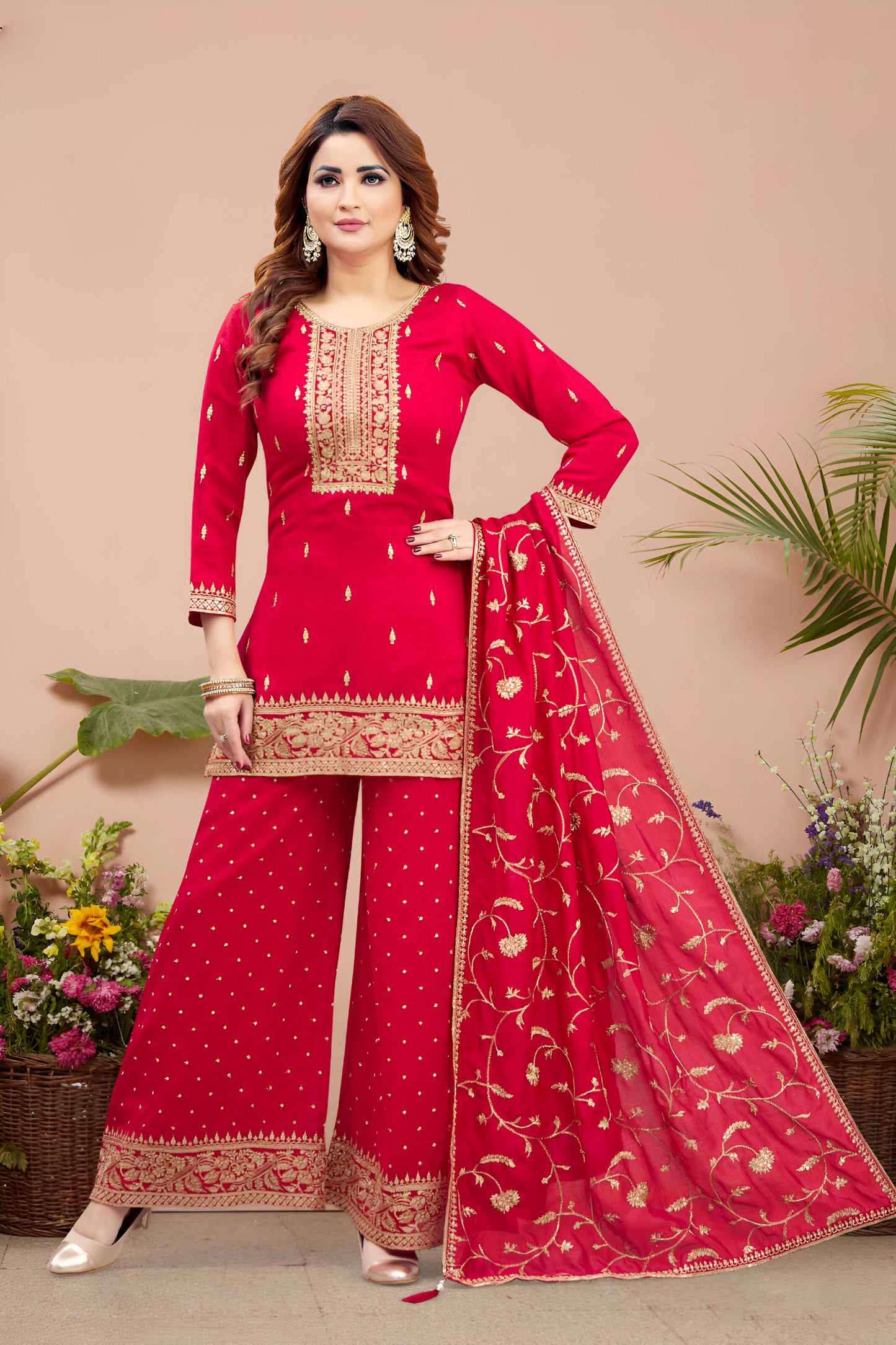 Red Embroidered Palazzo Suit