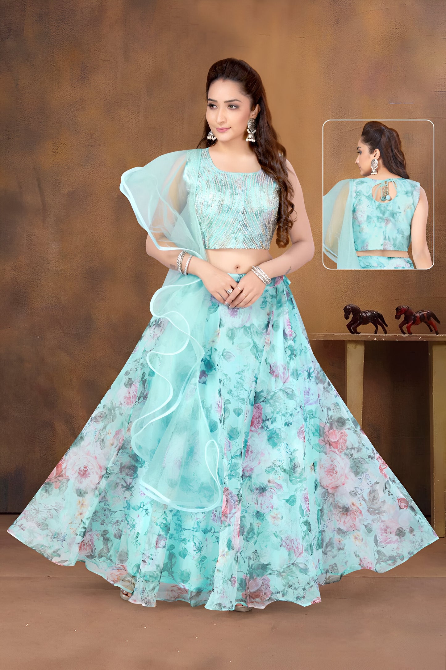 Light Blue Floral Print Lehenga Choli with Ruffled Dupatta.