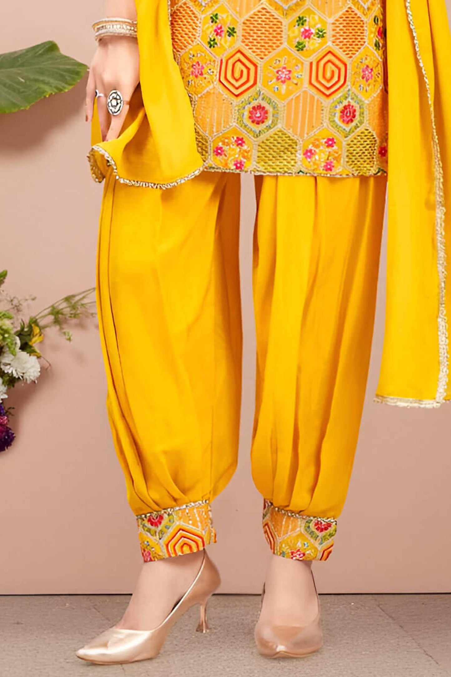 Yellow Silk Embroidered Afgani Suit
