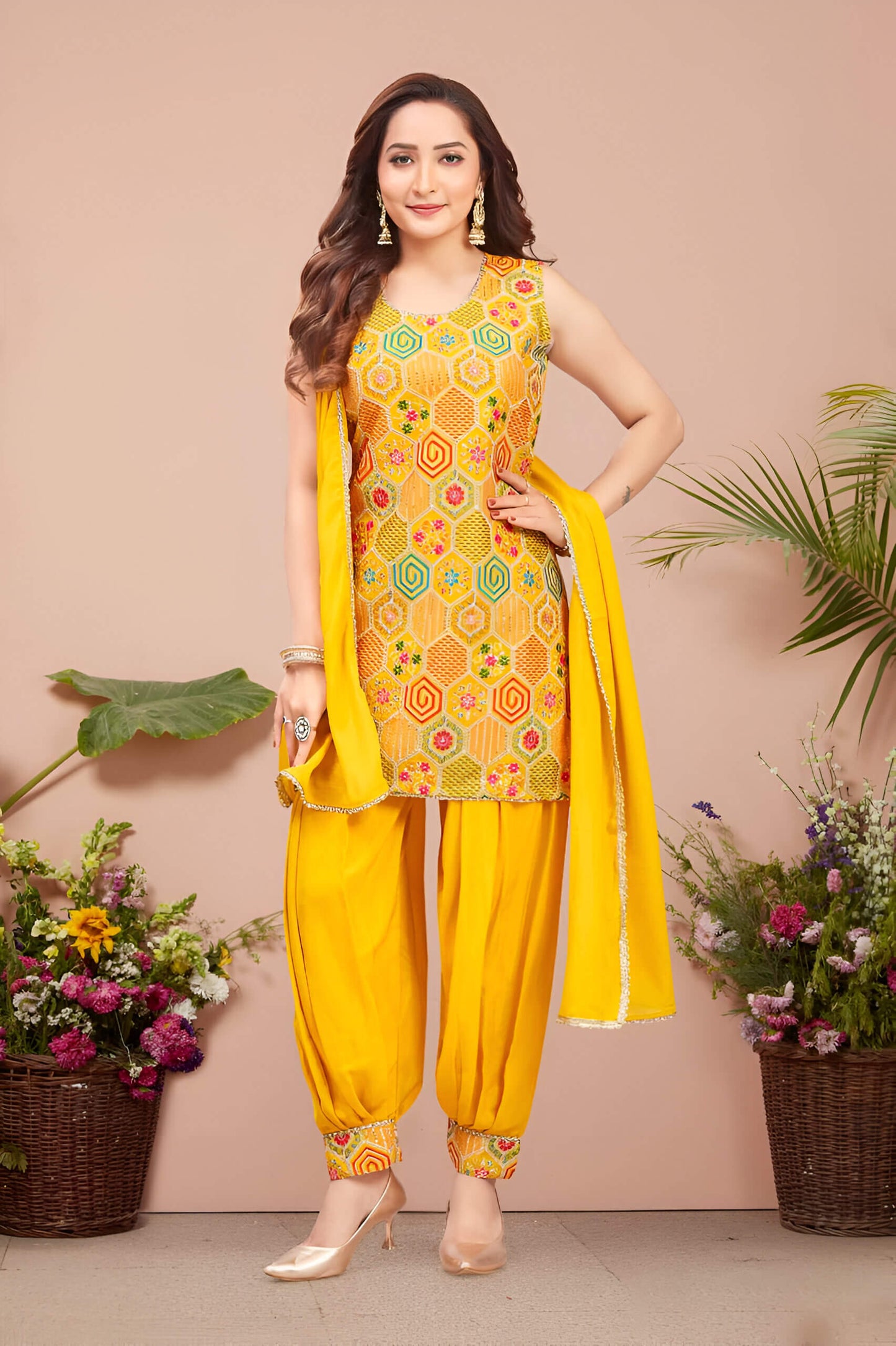 Yellow Silk Embroidered Afgani Suit