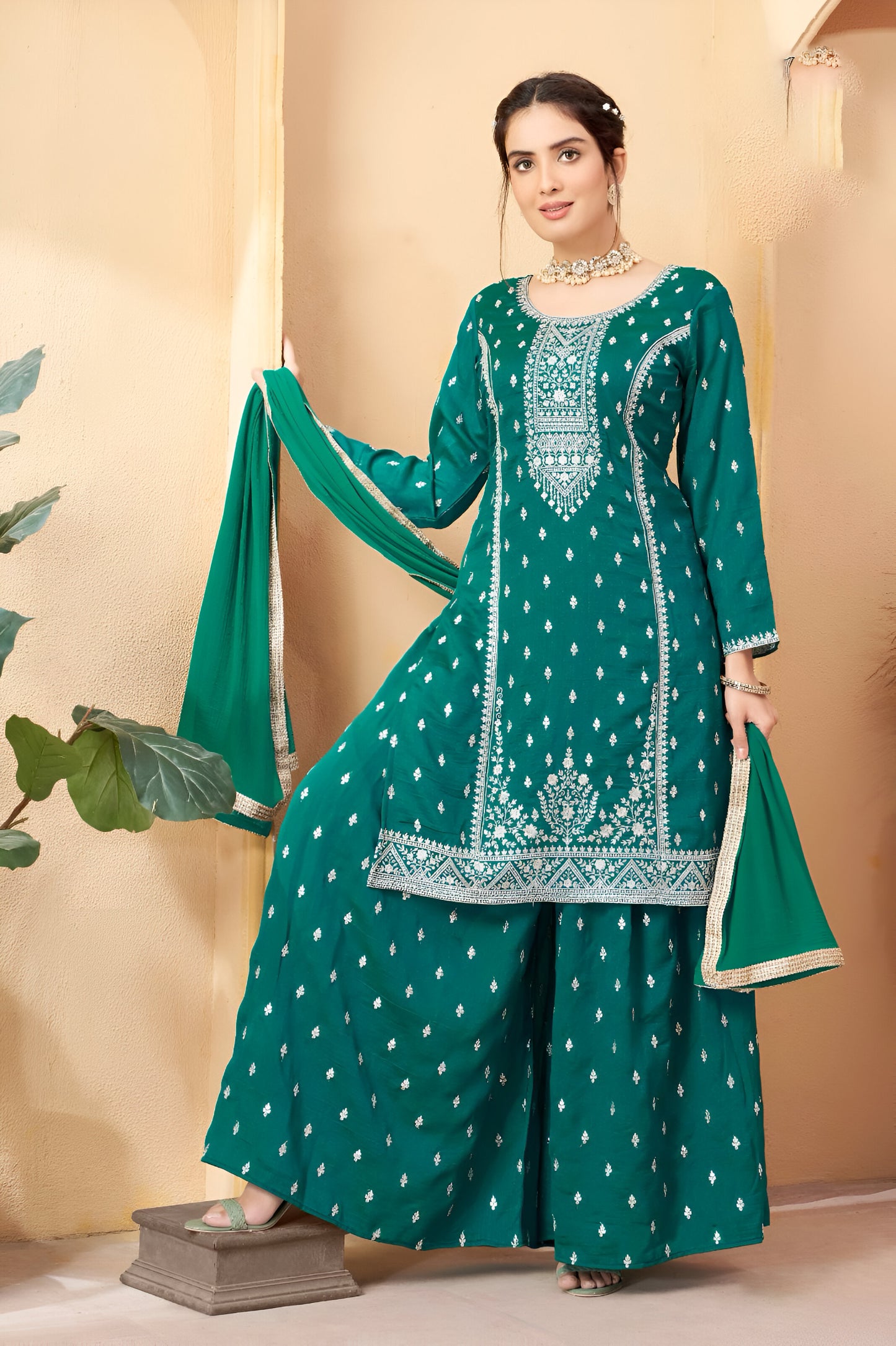Teal Embroidered Palazzo Suit.
