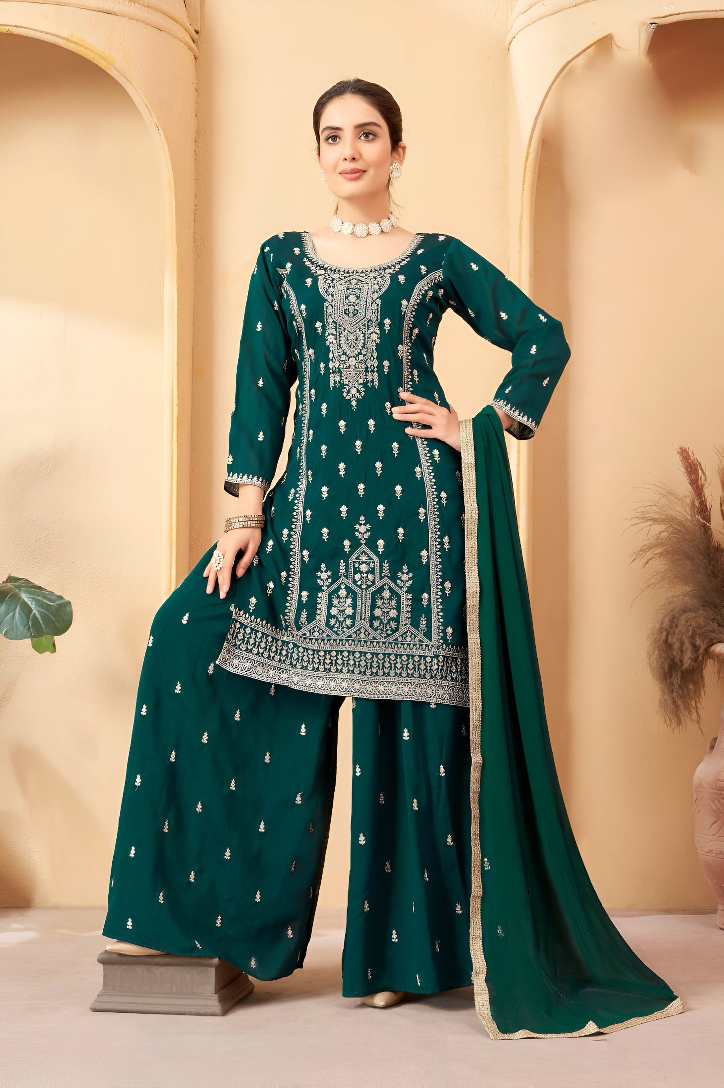Dark Green Embroidered Palazzo Suit