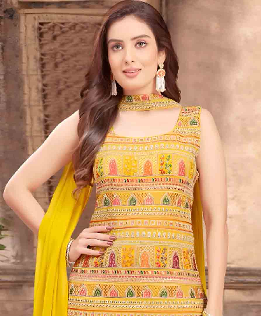 Yellow Mirror Work Sharara Set with Tribal Motif Embroidery